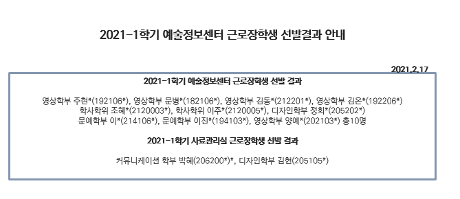 2021-1학기 예술정보센터 근로장학생 선발결과 안내
